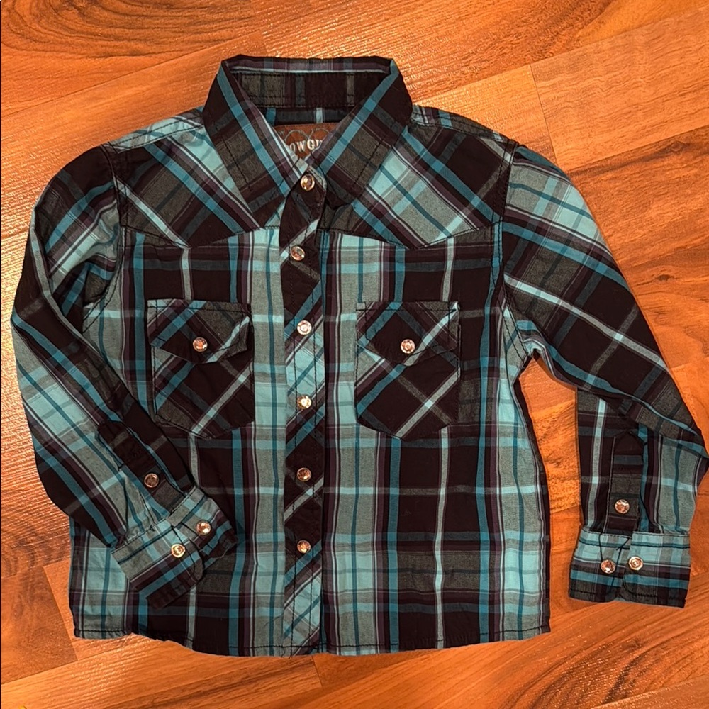 Cowgirl hardware snap up rhinestone teal and black plaid 18 months rhinestone